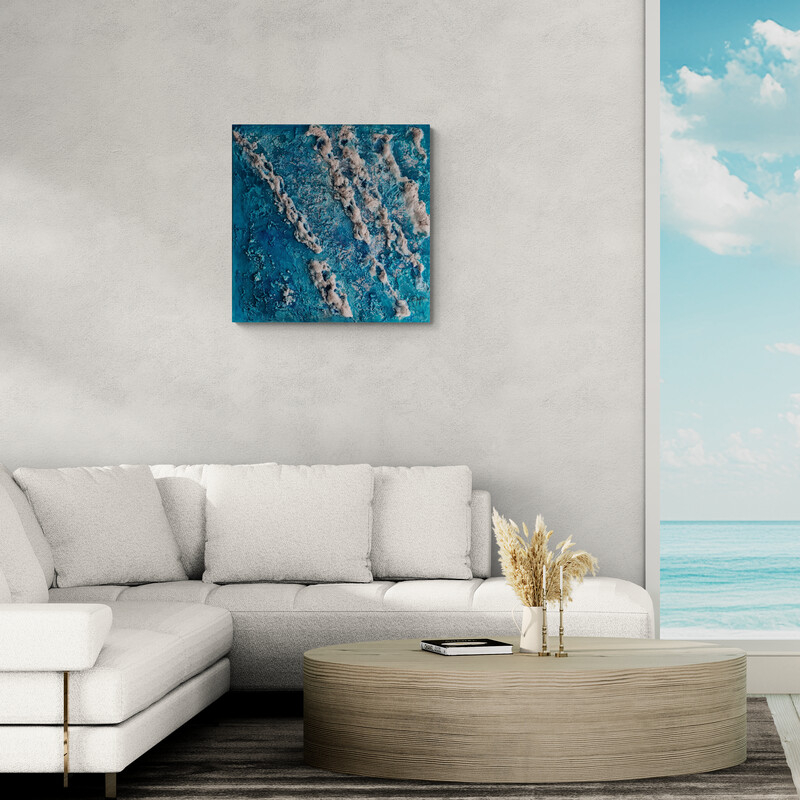 Patrick CRISTALLINI - Création abstraite - Peinture sur toile intitulée "Lagoon Waves" - Décor salon de réception avec vue sur mer